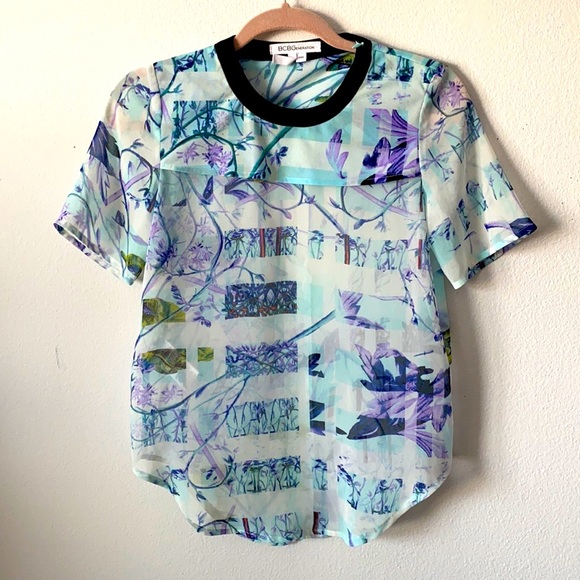 BCBGeneration Printed Yoke Overlay Aqua Shell top - Picture 3 of 10